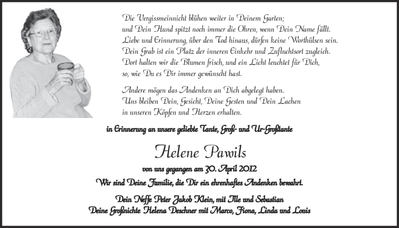 Traueranzeige für Helene Pawils vom 29.04.2017 aus  Blickpunkt Euskirchen 