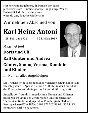 Anzeige von Karl Heinz Antoni von Kölner Stadt-Anzeiger / Kölnische Rundschau / Express