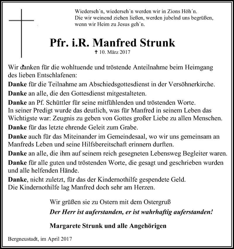  Traueranzeige für Manfred Strunk vom 15.04.2017 aus Kölner Stadt-Anzeiger / Kölnische Rundschau / Express