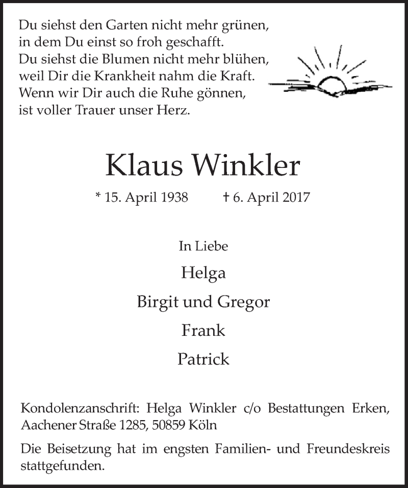  Traueranzeige für Klaus Winkler vom 26.04.2017 aus  Kölner Wochenspiegel 