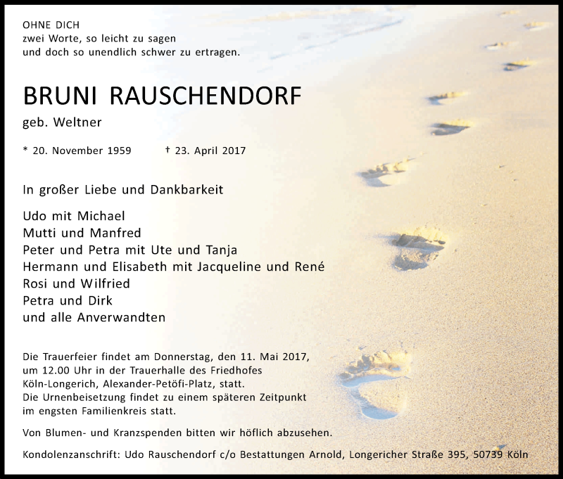  Traueranzeige für Bruni Rauschendorf vom 29.04.2017 aus Kölner Stadt-Anzeiger / Kölnische Rundschau / Express