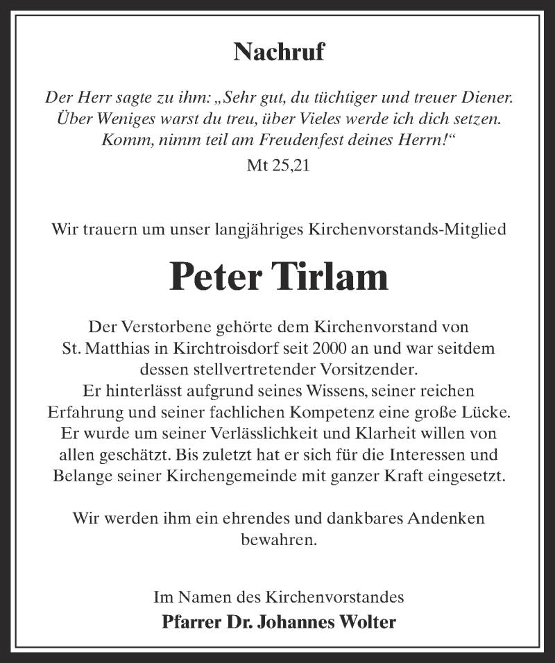  Traueranzeige für Peter Tirlam vom 22.04.2017 aus  Sonntags-Post 