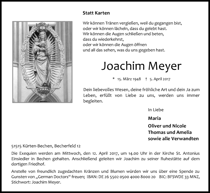  Traueranzeige für Joachim Meyer vom 08.04.2017 aus Kölner Stadt-Anzeiger / Kölnische Rundschau / Express