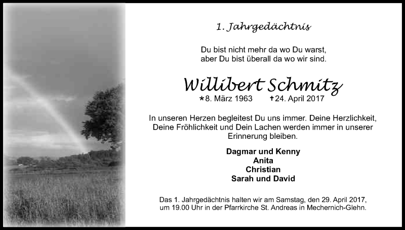  Traueranzeige für Willibert Schmitz vom 22.04.2017 aus Kölner Stadt-Anzeiger / Kölnische Rundschau / Express