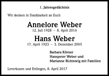 Anzeige von Annelore und Hans Weber von Kölner Stadt-Anzeiger / Kölnische Rundschau / Express