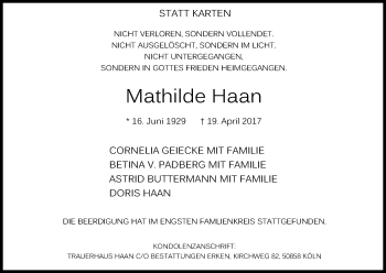 Anzeige von Mathilde Haan von Kölner Stadt-Anzeiger / Kölnische Rundschau / Express