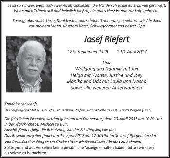 Anzeige von Josef Riefert von  Sonntags-Post 