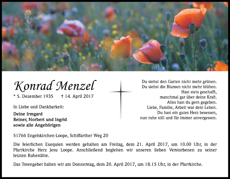  Traueranzeige für Konrad Menzel vom 19.04.2017 aus Kölner Stadt-Anzeiger / Kölnische Rundschau / Express