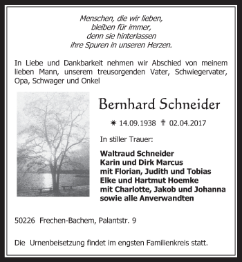 Anzeige von Bernhard Schneider von  Wochenende 