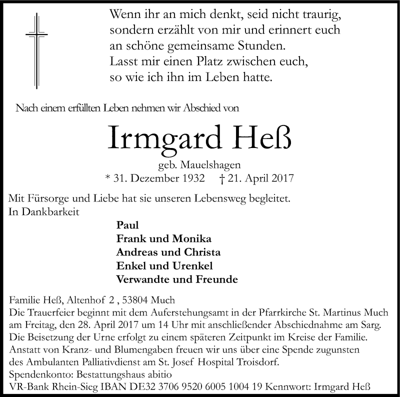  Traueranzeige für Irmgard Heß vom 25.04.2017 aus Kölner Stadt-Anzeiger / Kölnische Rundschau / Express