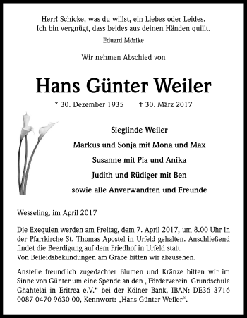 Anzeige von Hans Günter Weiler von Kölner Stadt-Anzeiger / Kölnische Rundschau / Express