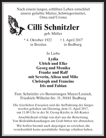 Anzeige von Cilli Schnitzler von  Werbepost 