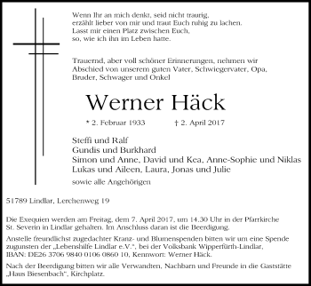 Anzeige von Werner Häck von Kölner Stadt-Anzeiger / Kölnische Rundschau / Express