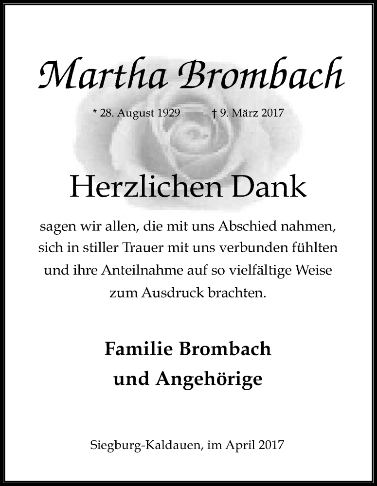  Traueranzeige für Martha Brombach vom 08.04.2017 aus Kölner Stadt-Anzeiger / Kölnische Rundschau / Express