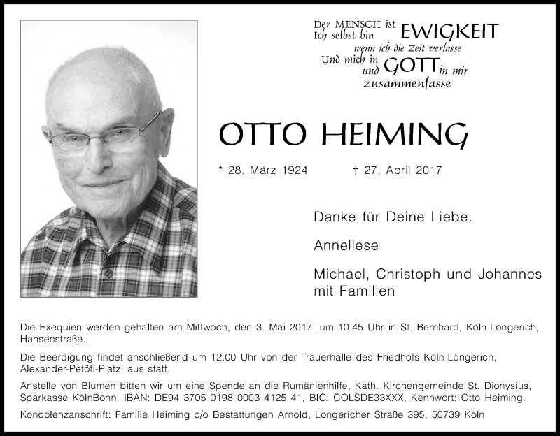  Traueranzeige für Otto Heiming vom 29.04.2017 aus Kölner Stadt-Anzeiger / Kölnische Rundschau / Express