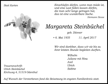 Anzeige von Margareta Steinbüchel von Kölner Stadt-Anzeiger / Kölnische Rundschau / Express