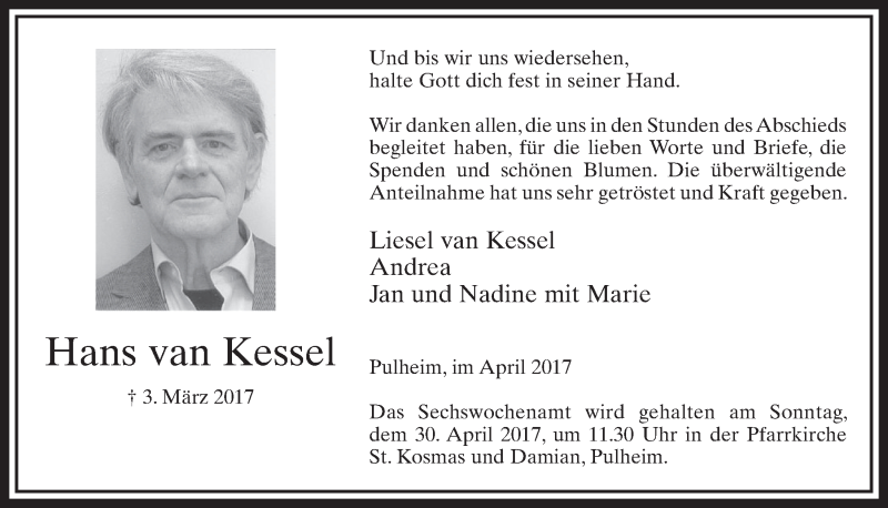  Traueranzeige für Hans van Kessel vom 22.04.2017 aus  Sonntags-Post 
