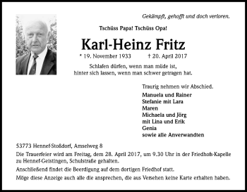 Anzeige von Karl-Heinz Fritz von Kölner Stadt-Anzeiger / Kölnische Rundschau / Express