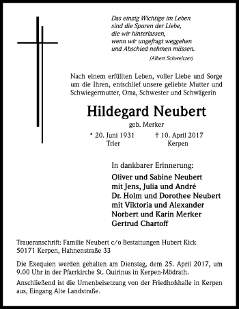 Anzeige von Hildegard Neubert von Kölner Stadt-Anzeiger / Kölnische Rundschau / Express