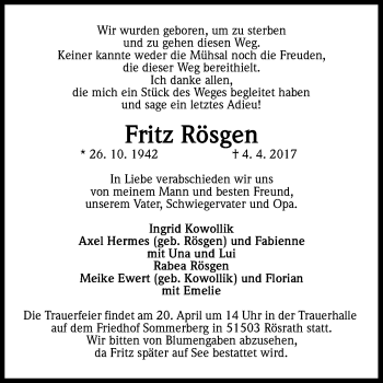 Anzeige von Fritz Rösgen von Kölner Stadt-Anzeiger / Kölnische Rundschau / Express