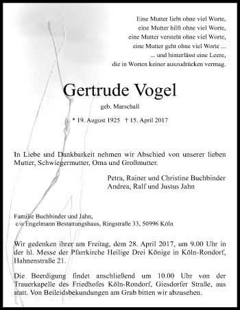 Anzeige von Gertrude Vogel von Kölner Stadt-Anzeiger / Kölnische Rundschau / Express