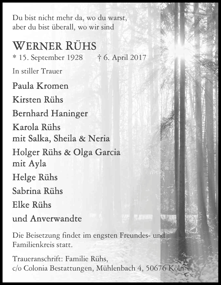 Traueranzeige für Werner Rühs vom 18.04.2017 aus Kölner Stadt-Anzeiger / Kölnische Rundschau / Express