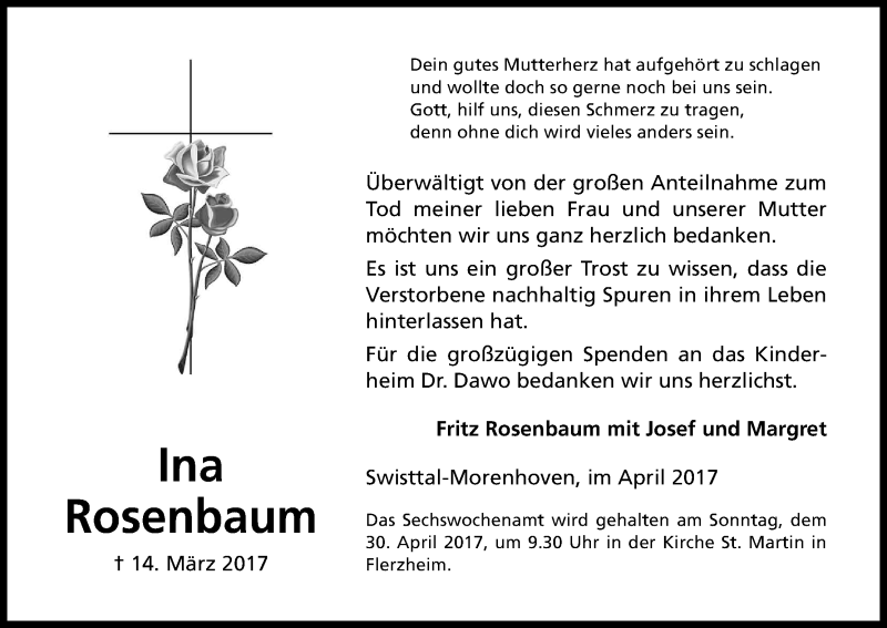  Traueranzeige für Ina Rosenbaum vom 22.04.2017 aus Kölner Stadt-Anzeiger / Kölnische Rundschau / Express