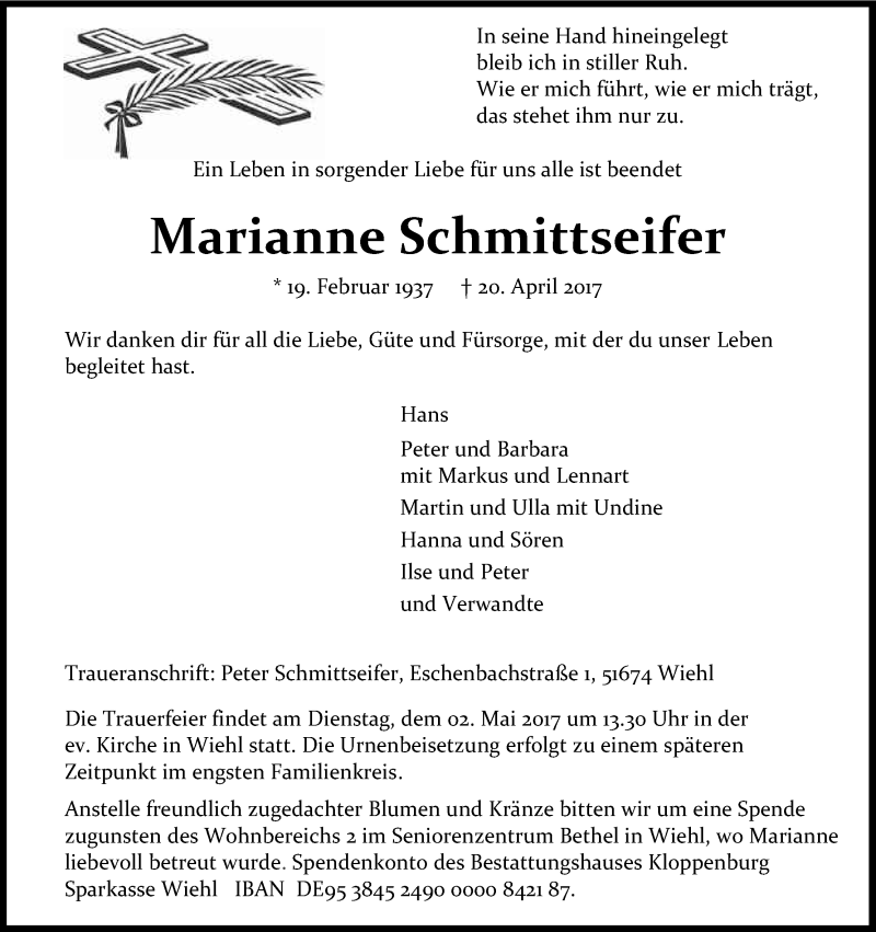  Traueranzeige für Marianne Schmittseifer vom 26.04.2017 aus Kölner Stadt-Anzeiger / Kölnische Rundschau / Express