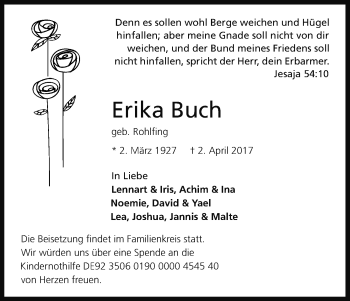 Anzeige von Erika Buch von Kölner Stadt-Anzeiger / Kölnische Rundschau / Express