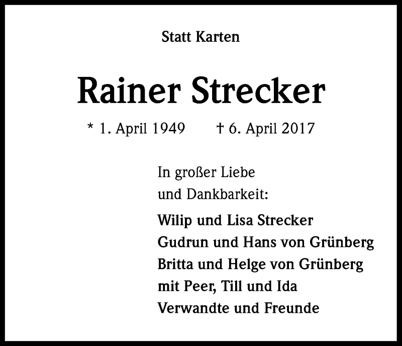  Traueranzeige für Rainer Strecker vom 13.04.2017 aus Kölner Stadt-Anzeiger / Kölnische Rundschau / Express