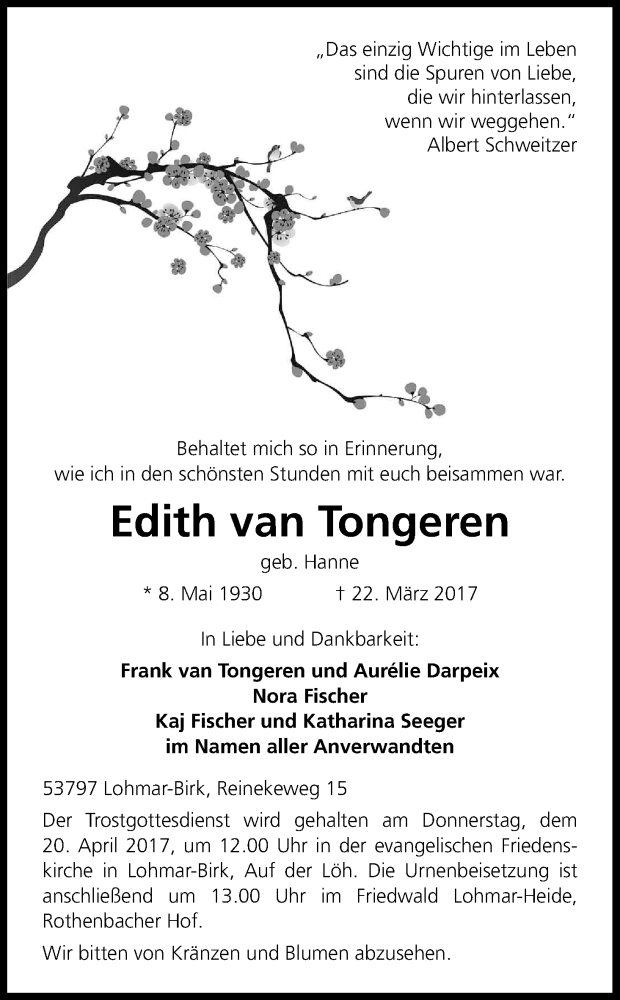  Traueranzeige für Edith  van Tongeren vom 01.04.2017 aus Kölner Stadt-Anzeiger / Kölnische Rundschau / Express