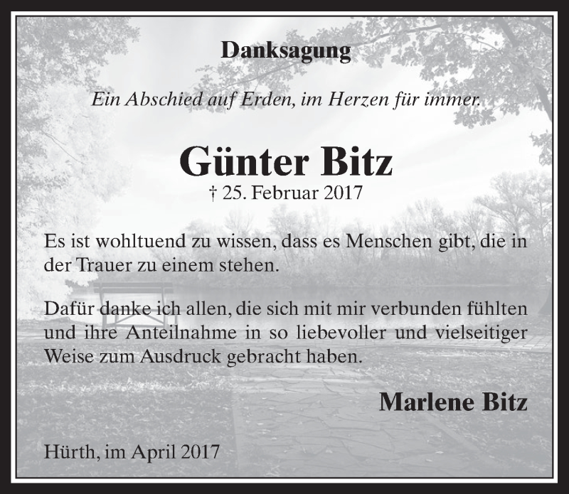  Traueranzeige für Günter Bitz vom 05.04.2017 aus  Wochenende 