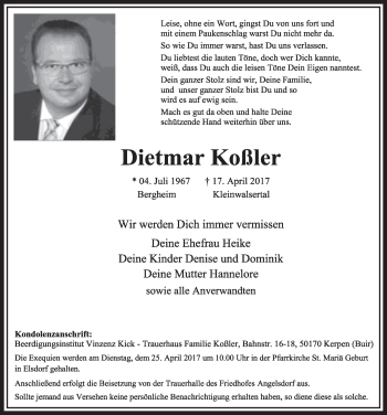 Anzeige von Dietmar Koßler von  Sonntags-Post 