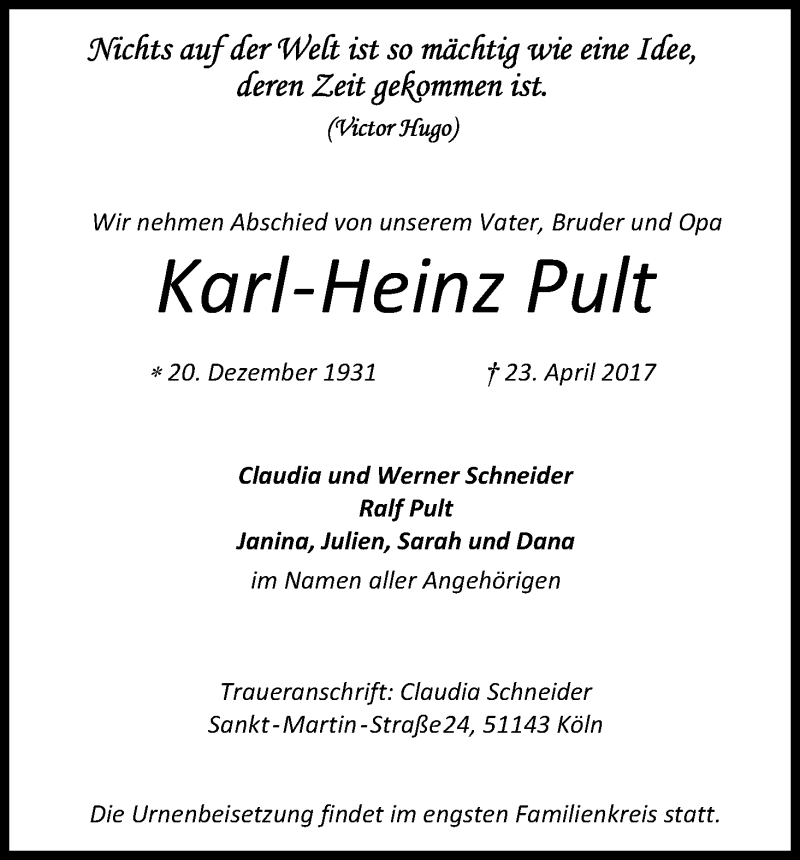  Traueranzeige für Karl-Heinz Pult vom 26.04.2017 aus Kölner Stadt-Anzeiger / Kölnische Rundschau / Express