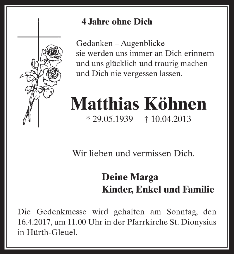  Traueranzeige für Matthias Köhnen vom 12.04.2017 aus  Wochenende 