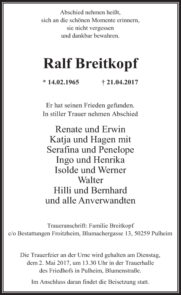  Traueranzeige für Ralf Breitkopf vom 26.04.2017 aus  Wochenende 