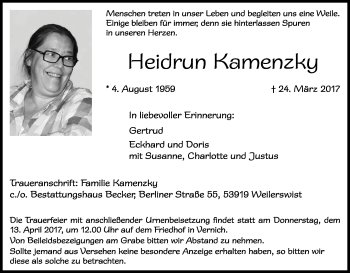 Anzeige von Heidrun Kamenzky von Kölner Stadt-Anzeiger / Kölnische Rundschau / Express