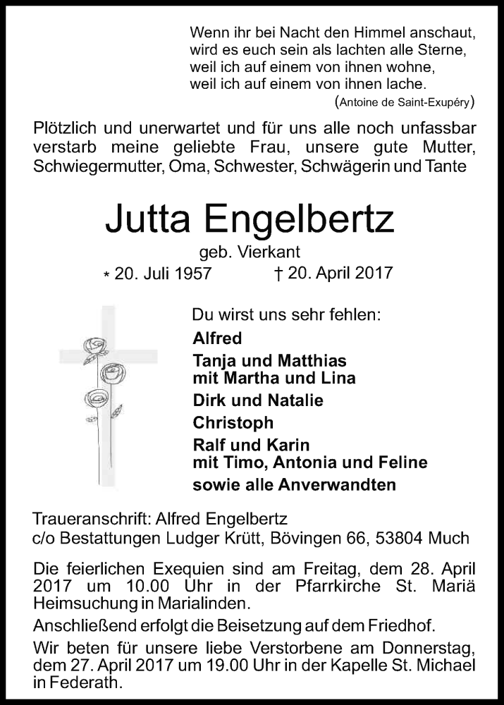  Traueranzeige für Jutta Engelbertz vom 25.04.2017 aus Kölner Stadt-Anzeiger / Kölnische Rundschau / Express