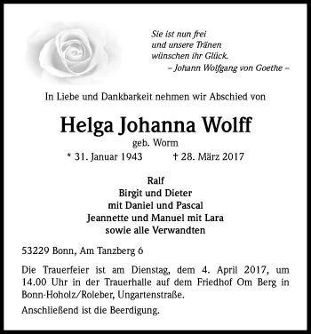 Anzeige von Helga Johanna Wolff von Kölner Stadt-Anzeiger / Kölnische Rundschau / Express
