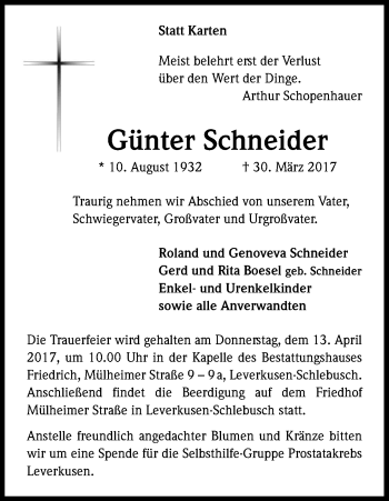 Anzeige von Günter Schneider von Kölner Stadt-Anzeiger / Kölnische Rundschau / Express