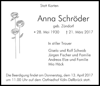 Anzeige von Anna Schröder von Kölner Stadt-Anzeiger / Kölnische Rundschau / Express