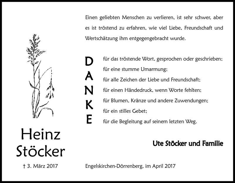  Traueranzeige für Heinz Stöcker vom 28.04.2017 aus Kölner Stadt-Anzeiger / Kölnische Rundschau / Express