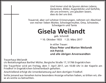 Anzeige von Gisela Weilandt von  Anzeigen Echo 