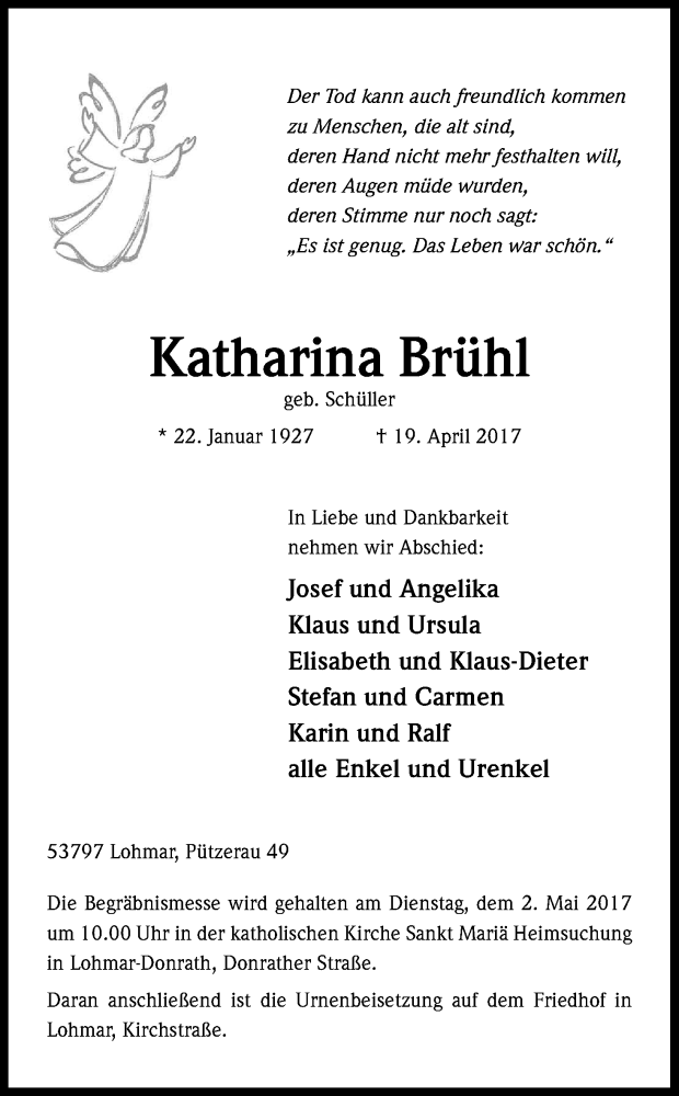  Traueranzeige für Katharina Brühl vom 26.04.2017 aus Kölner Stadt-Anzeiger / Kölnische Rundschau / Express