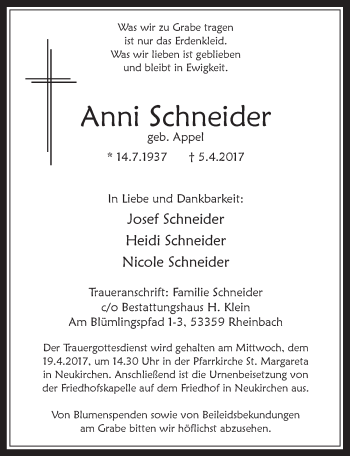 Anzeige von Anni Schneider von  Schaufenster/Blickpunkt 