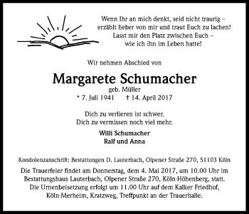Anzeige von Margarete Schumacher von Kölner Stadt-Anzeiger / Kölnische Rundschau / Express
