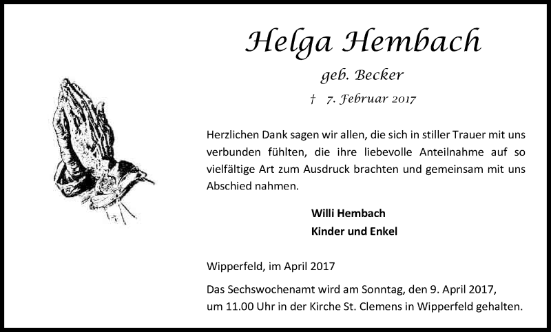  Traueranzeige für Helga Hembach vom 01.04.2017 aus Kölner Stadt-Anzeiger / Kölnische Rundschau / Express