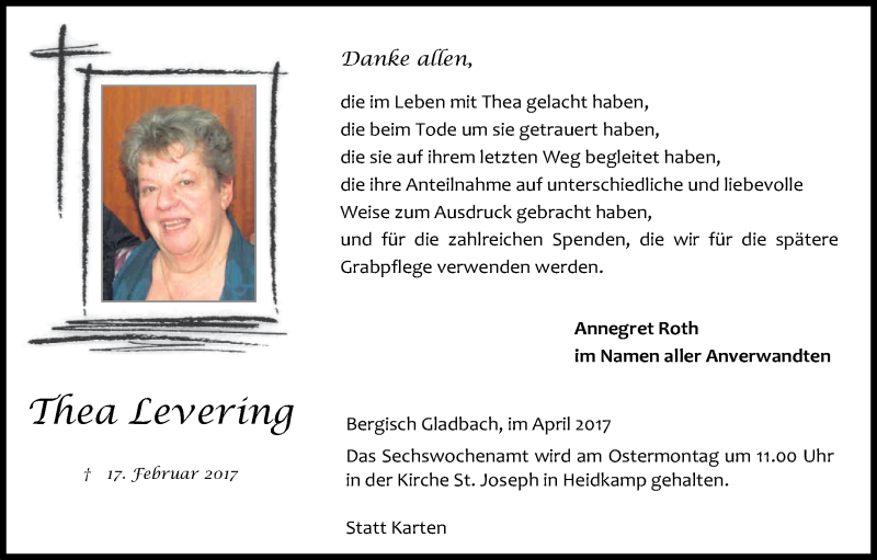  Traueranzeige für Thea Levering vom 12.04.2017 aus Kölner Stadt-Anzeiger / Kölnische Rundschau / Express
