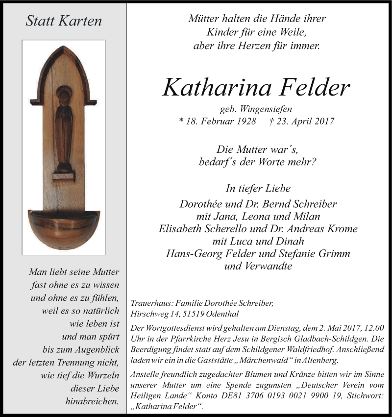  Traueranzeige für Katharina Felder vom 27.04.2017 aus Kölner Stadt-Anzeiger / Kölnische Rundschau / Express