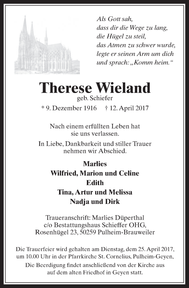  Traueranzeige für Therese Wieland vom 19.04.2017 aus  Wochenende 